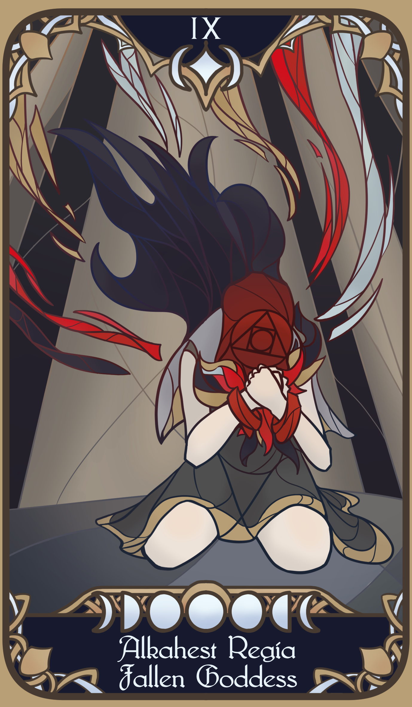 A tarot-inspired card for my homebrew D&D campaign, representing the goddess 'Alkahest Regia', fallen goddess of alchemy.